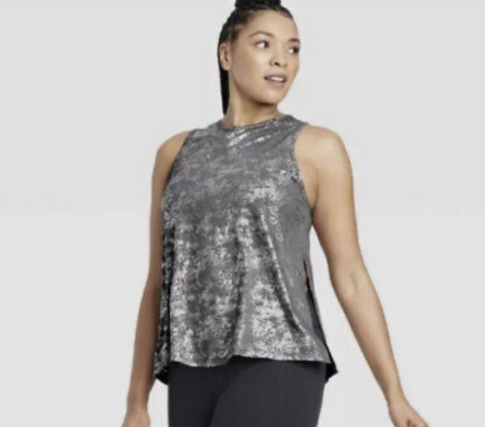 Womens All In Motion Gray Silver Metallic Tie Activewear Tank Top - Sz M